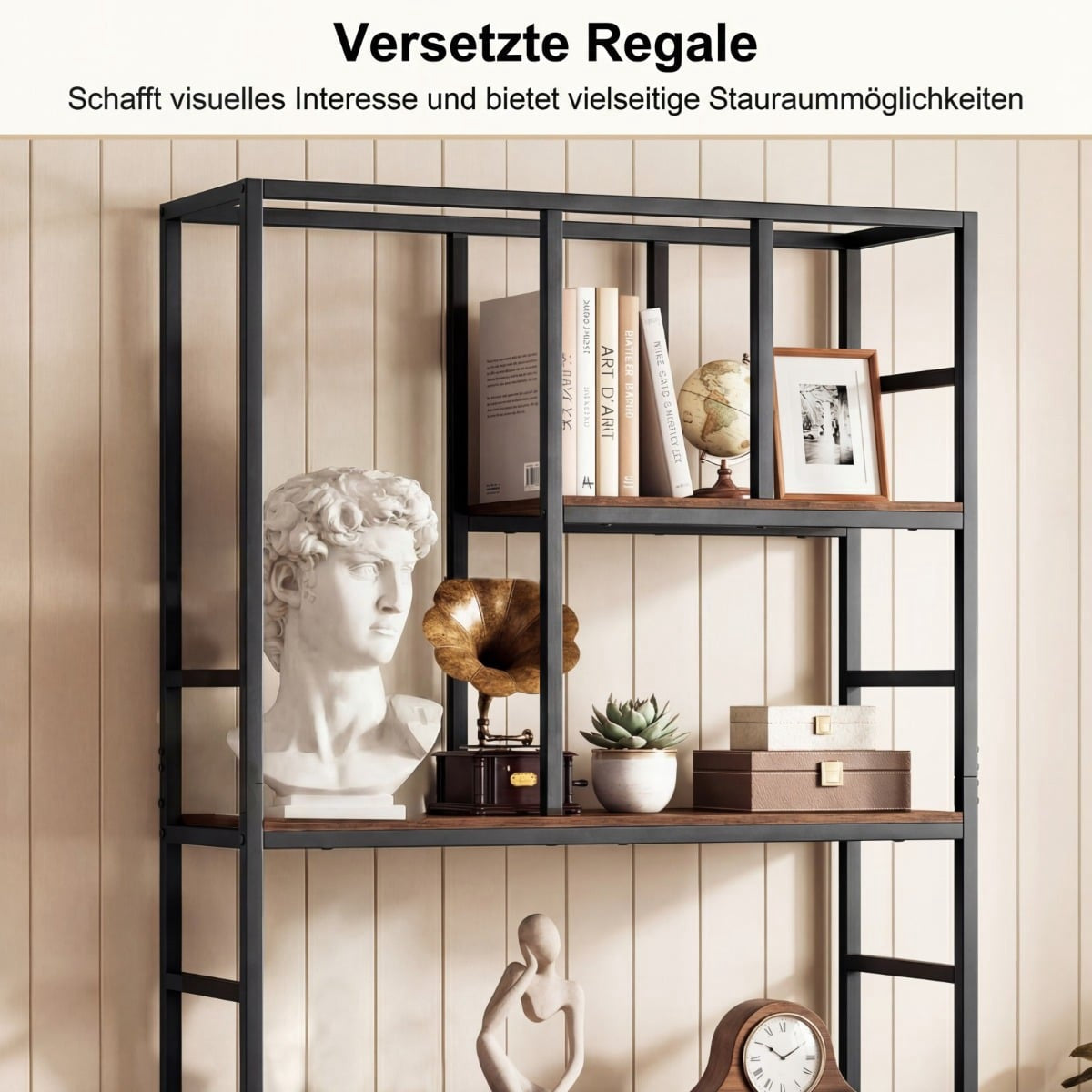 5-Tier Geometric Bookshelf with Metal Frame, White-Gold