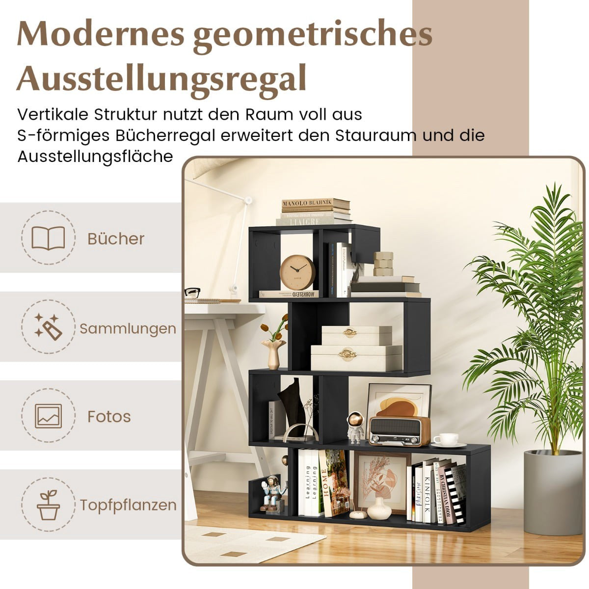 5-Tier Geometric Bookshelf with Open Shelves, Black