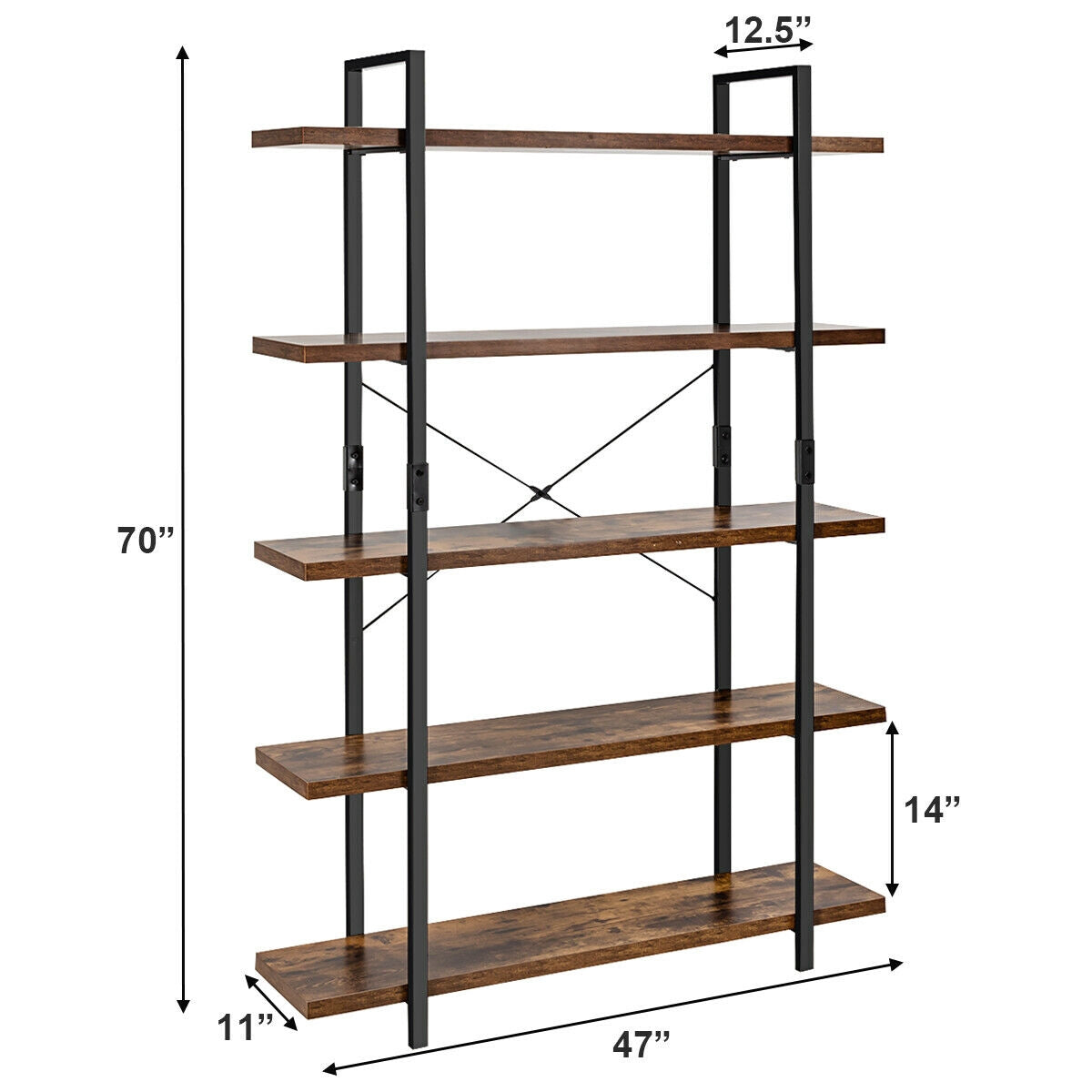 5-Tier Industrial Bookcase, Metal Frame, Anti-Tip