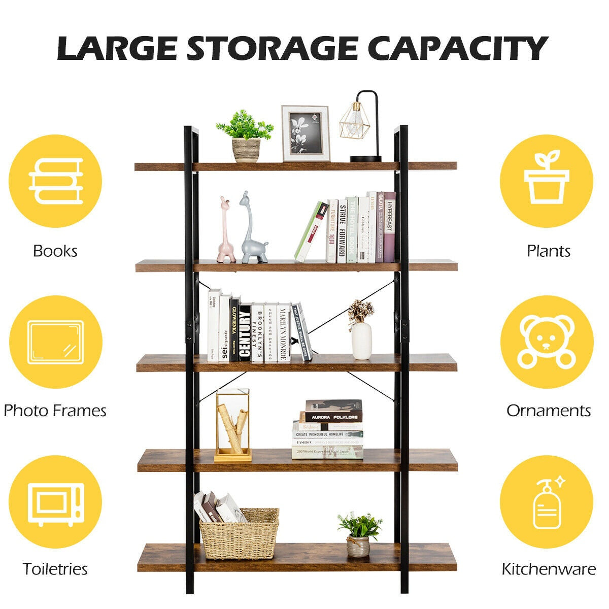 5-Tier Industrial Bookcase, Metal Frame, Anti-Tip