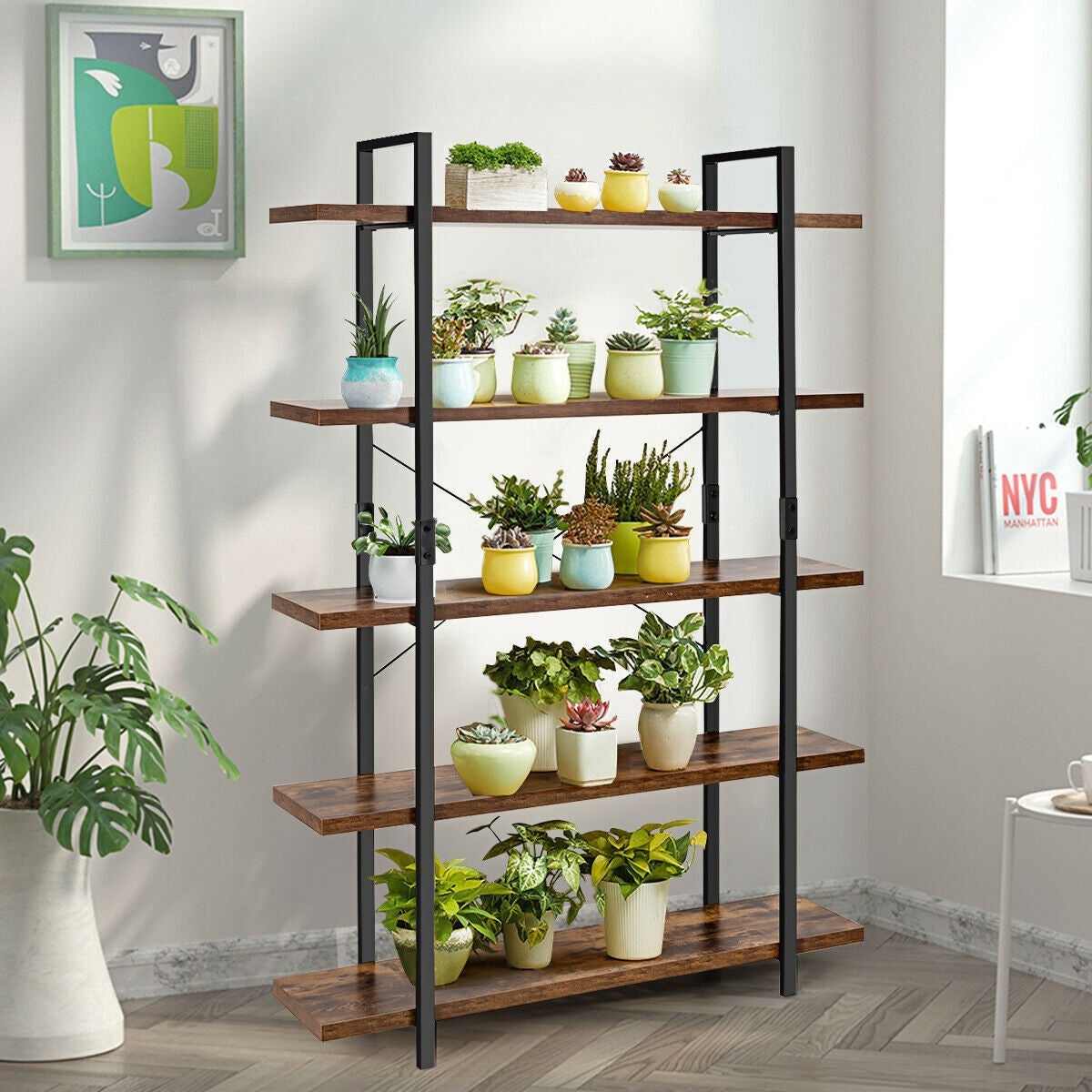 5-Tier Industrial Bookcase, Metal Frame, Anti-Tip