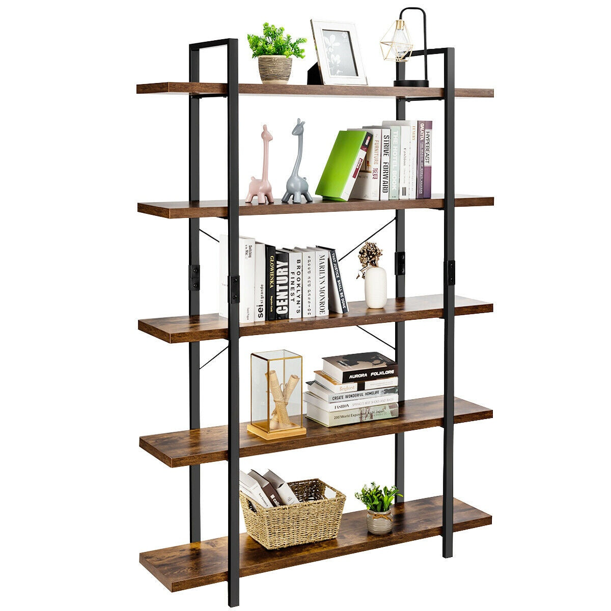 5-Tier Industrial Bookcase, Metal Frame, Anti-Tip