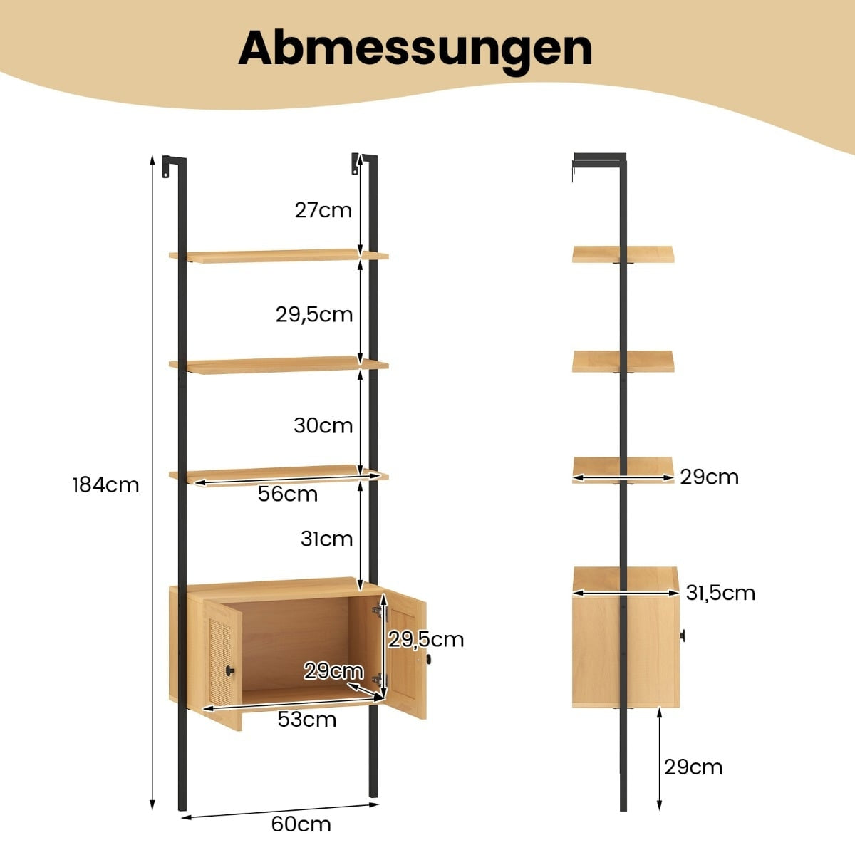 5-Tier Ladder Bookshelf with Cabinet, Metal Frame, 184cm