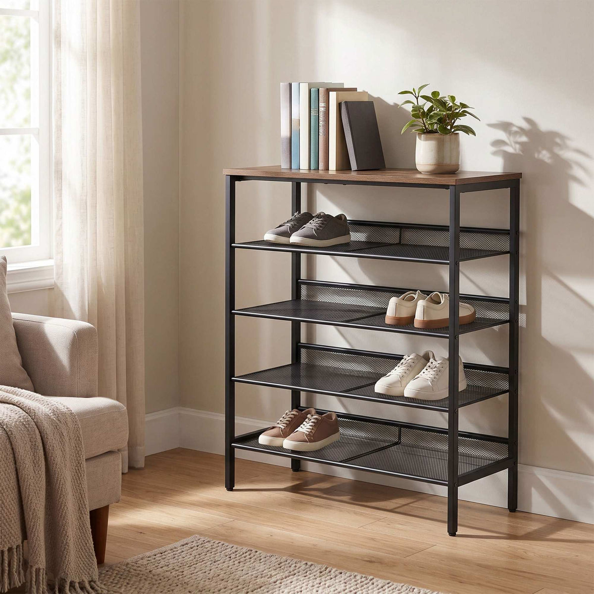 5-Tier Metal & MDF Shoe Rack, Brown, 81x75x30 cm