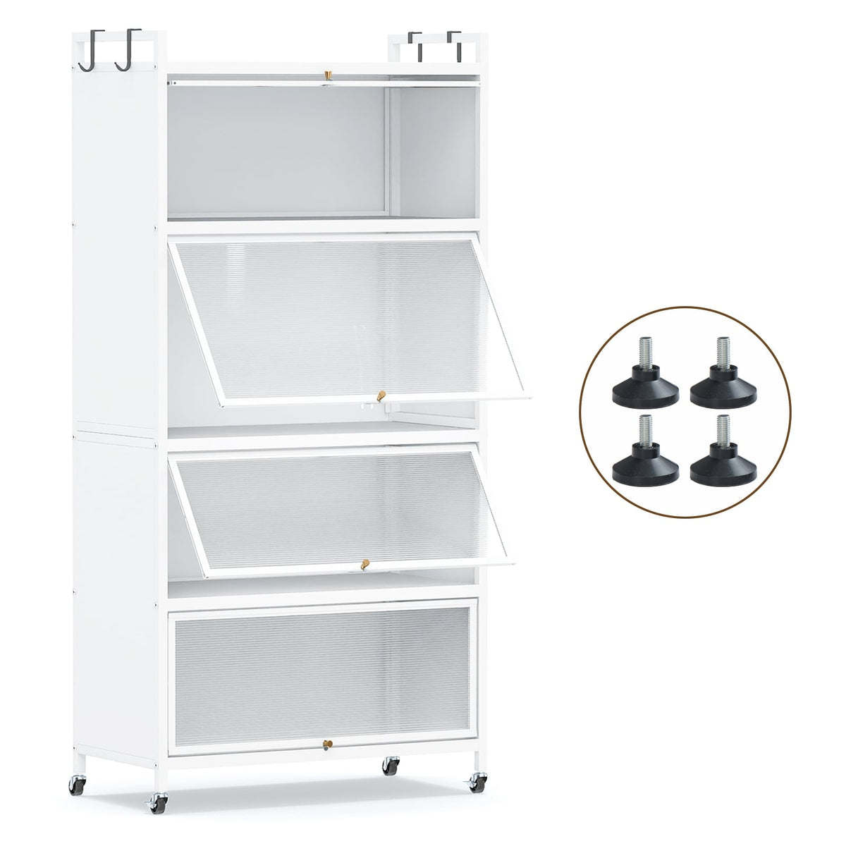 5-Tier Metal Pantry Cabinet with 4 Folding Doors, White