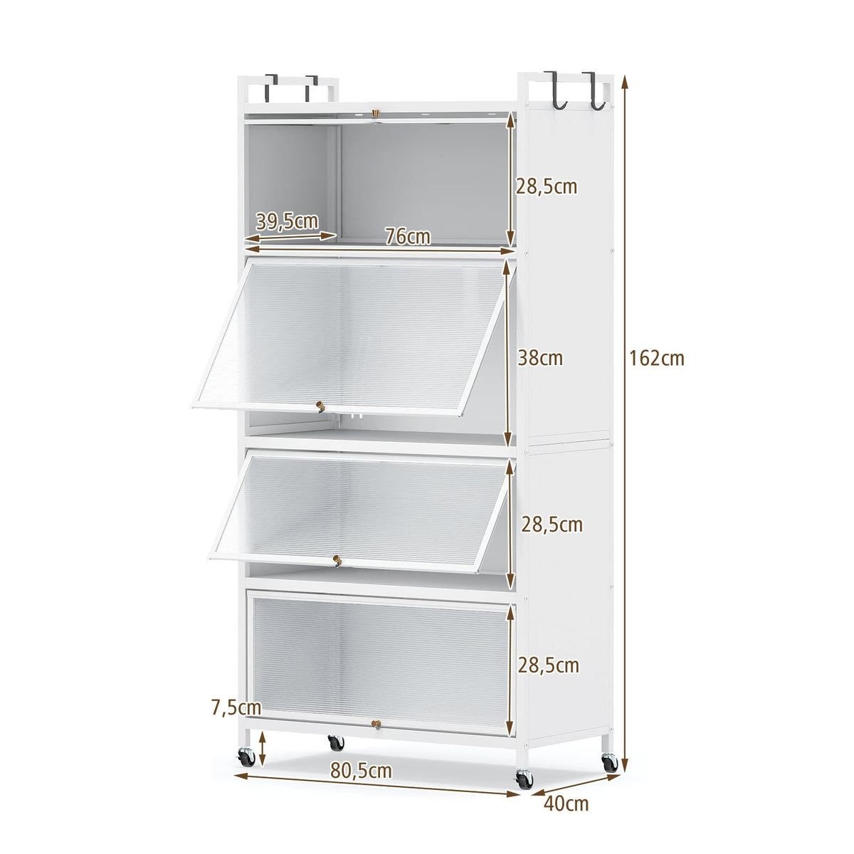 5-Tier Metal Pantry Cabinet with 4 Folding Doors, White