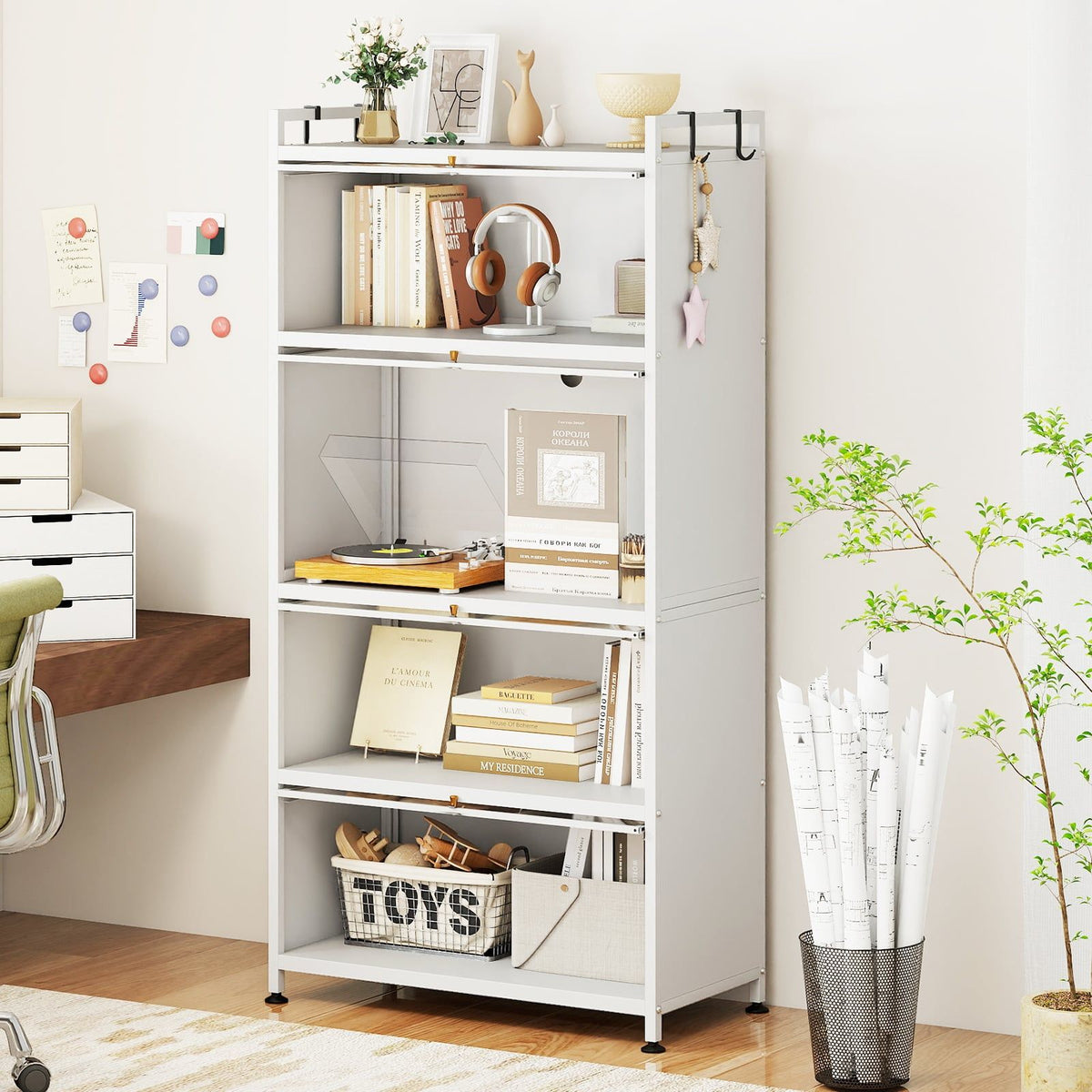 5-Tier Metal Pantry Cabinet with 4 Folding Doors, White