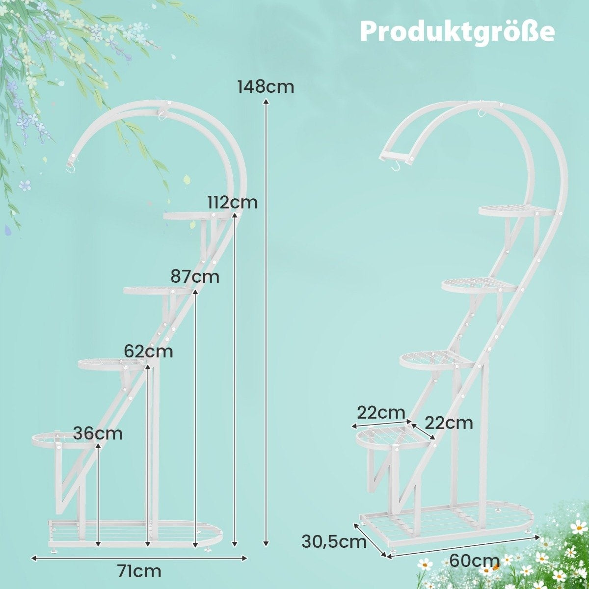 5-Tier Metal Plant Stand Heart-Shaped Flower Shelf with Hooks 71 x 30.5 x 148 cm White