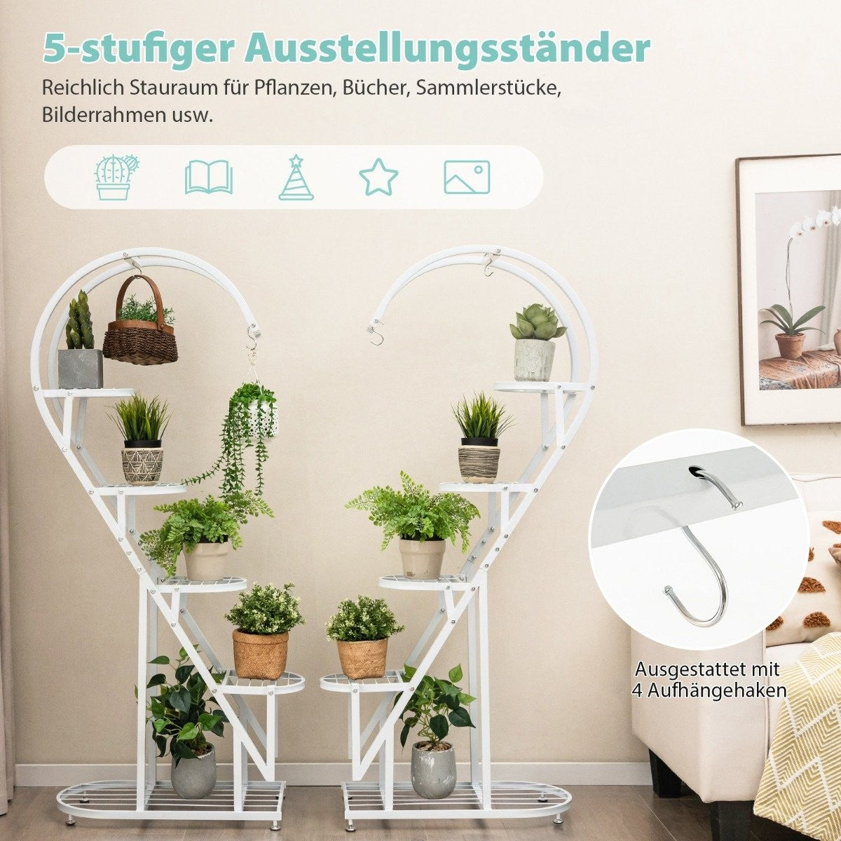 5-Tier Metal Plant Stand Heart-Shaped Flower Shelf with Hooks 71 x 30.5 x 148 cm White