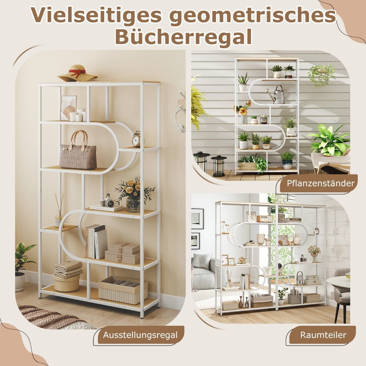 5-Tier Open Bookshelf, Natural & White, Metal Frame