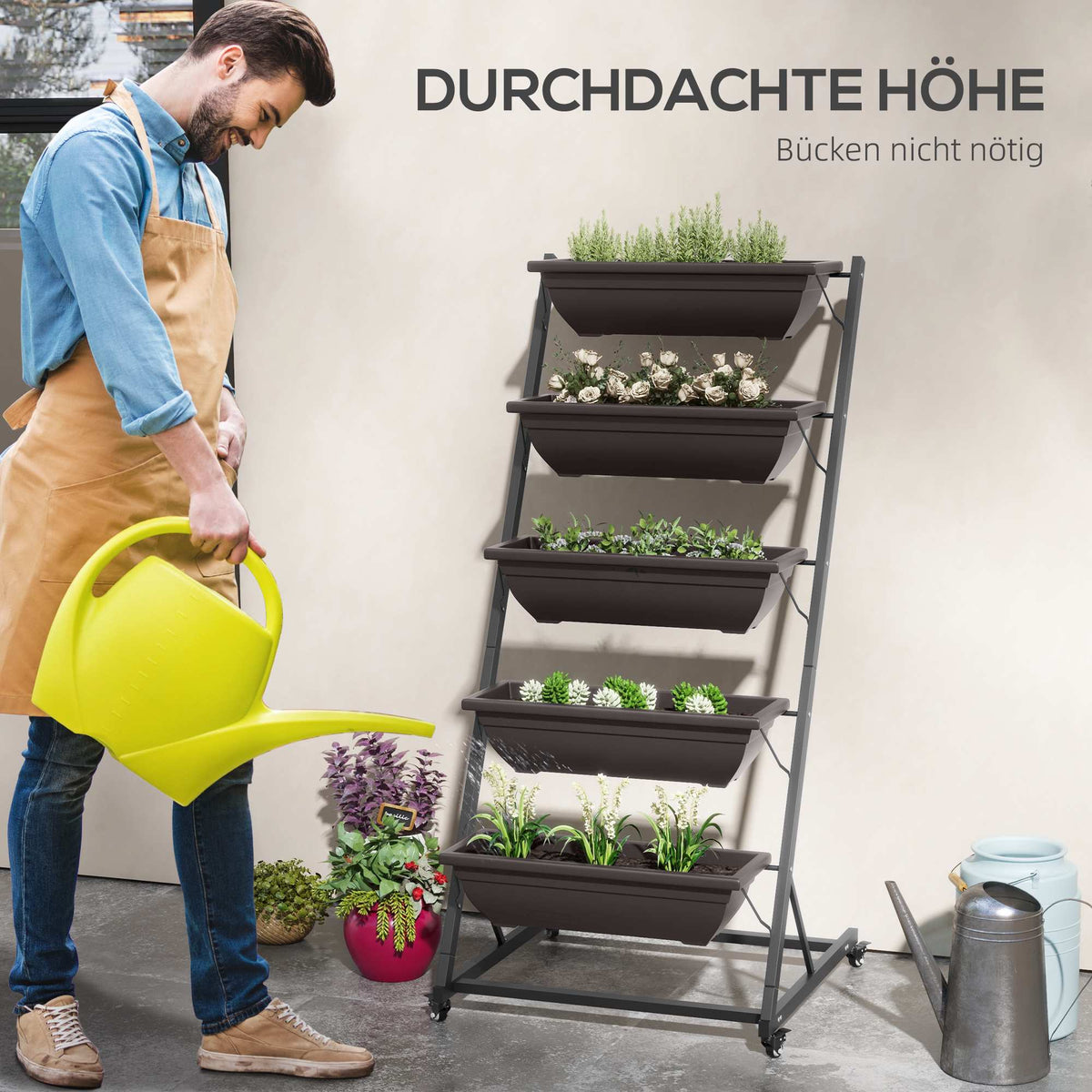 5-Tier Plant Stand with Wheels, 145 cm High, Steel