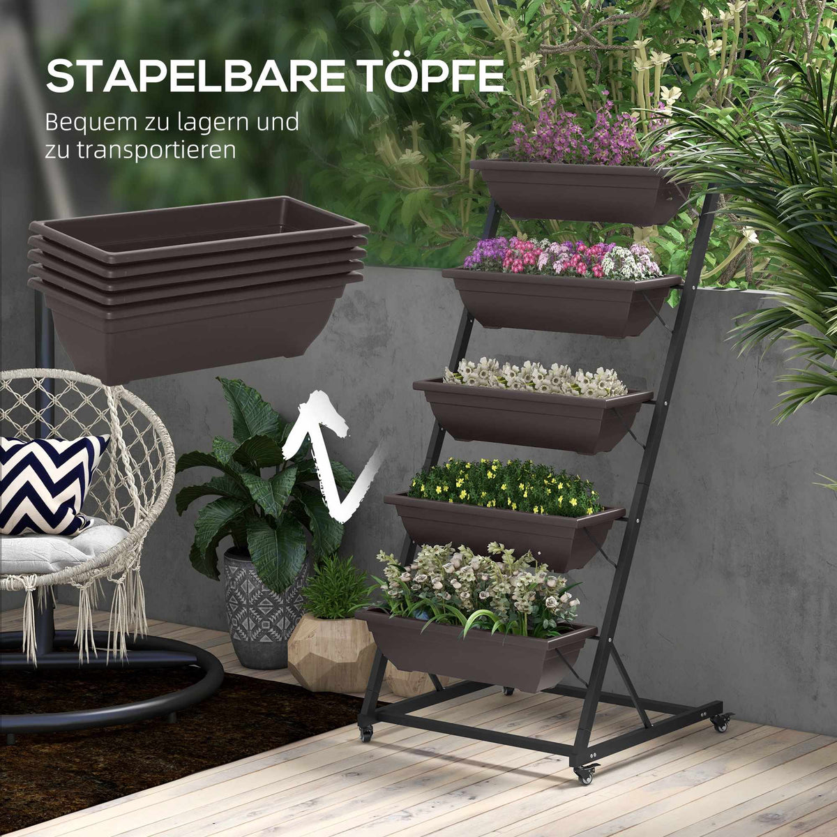 5-Tier Plant Stand with Wheels, 145 cm High, Steel