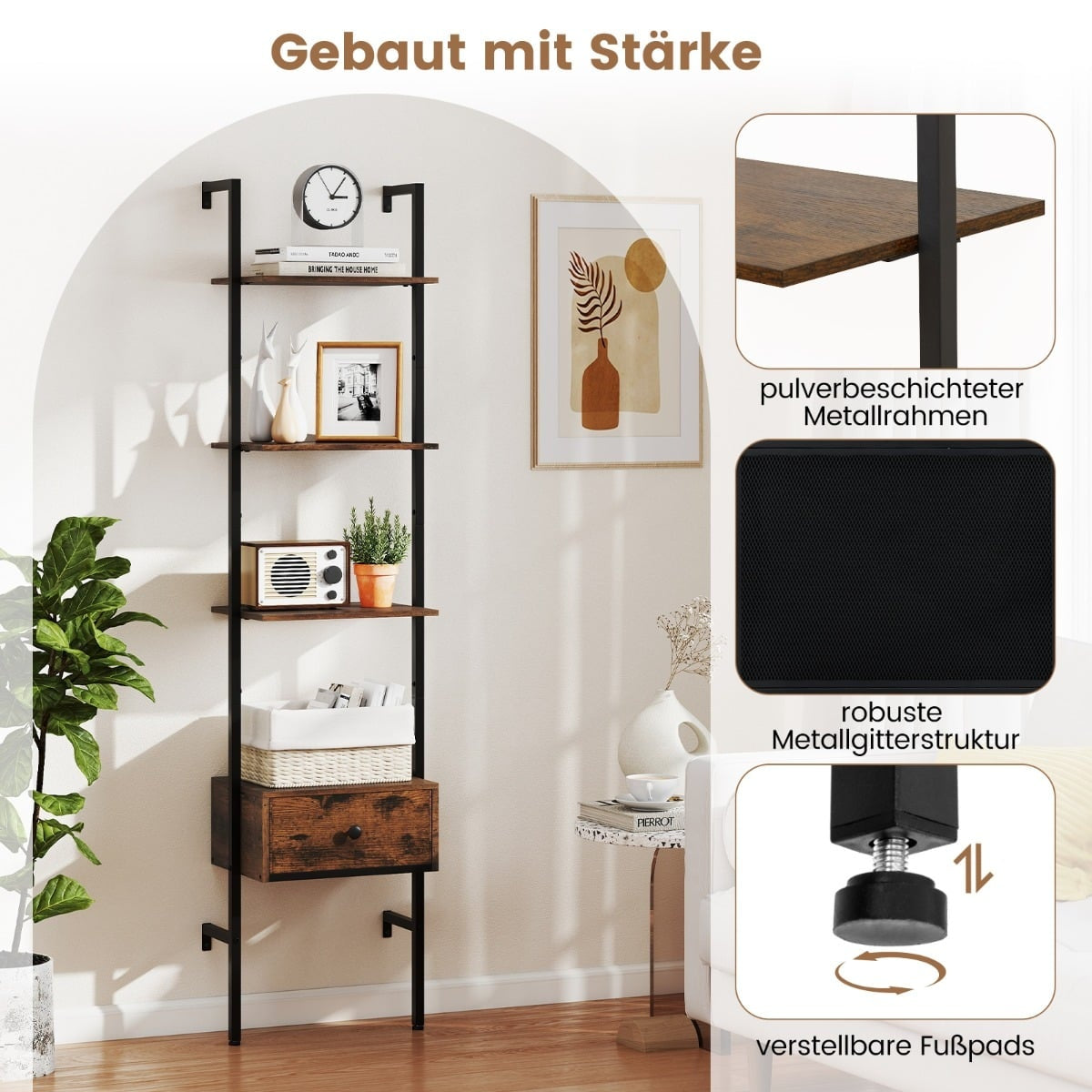 5-Tier Wall-Mounted Ladder Bookshelf with Drawer