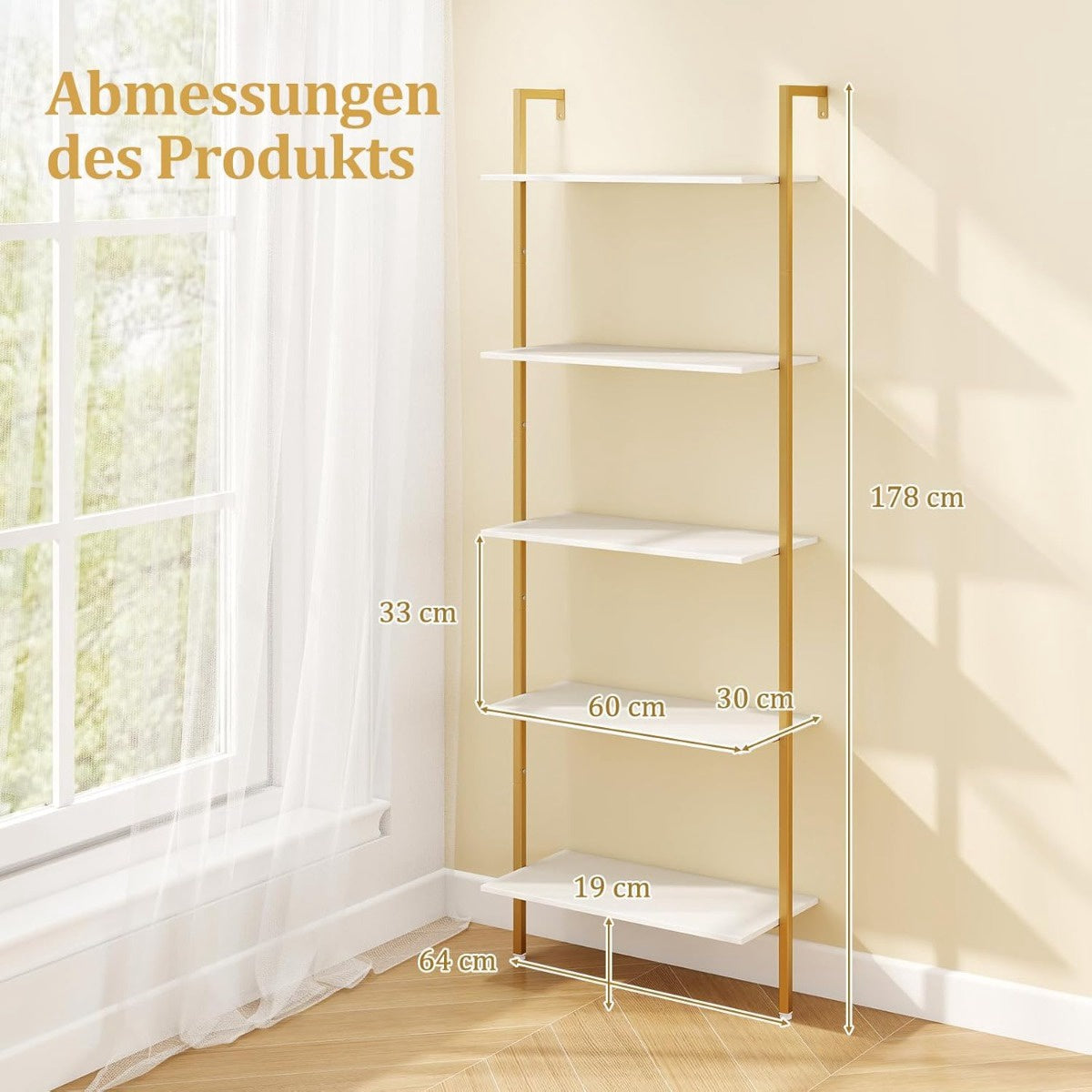 5-Tier Wall-Mounted Ladder Shelf with Metal Frame
