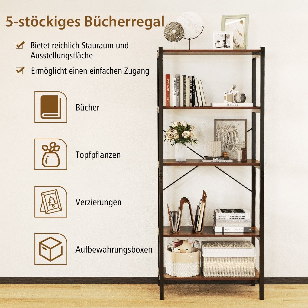 5-Tier Wooden Bookshelf with Metal Frame, 66x34x161 cm