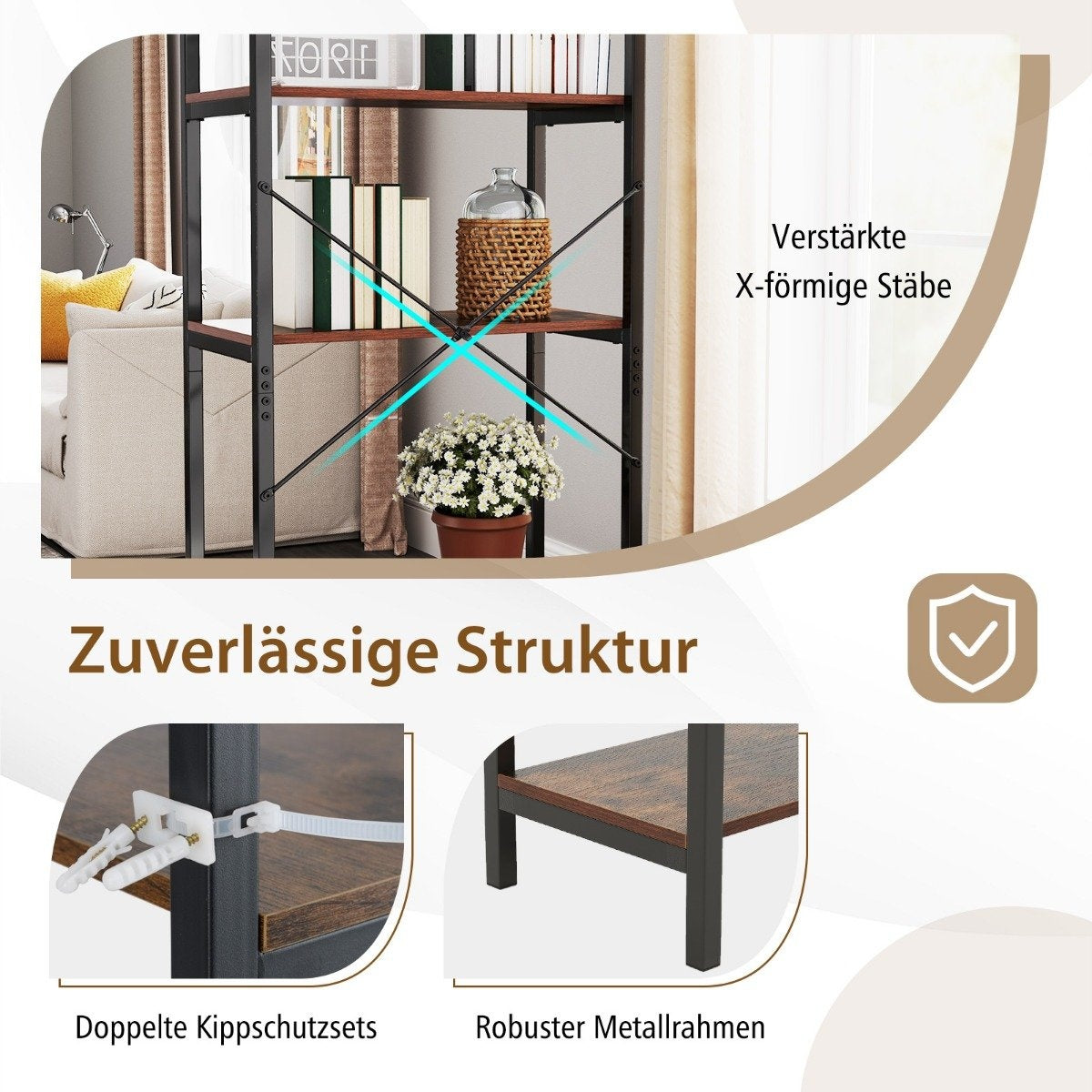 5-Tier Wooden Bookshelf with Metal Frame, 66x34x161 cm