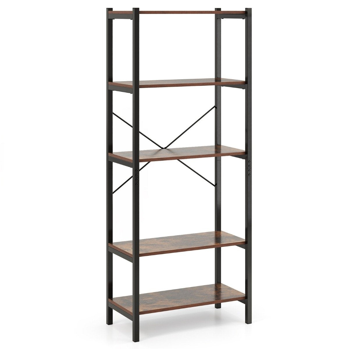 5-Tier Wooden Bookshelf with Metal Frame, 66x34x161 cm