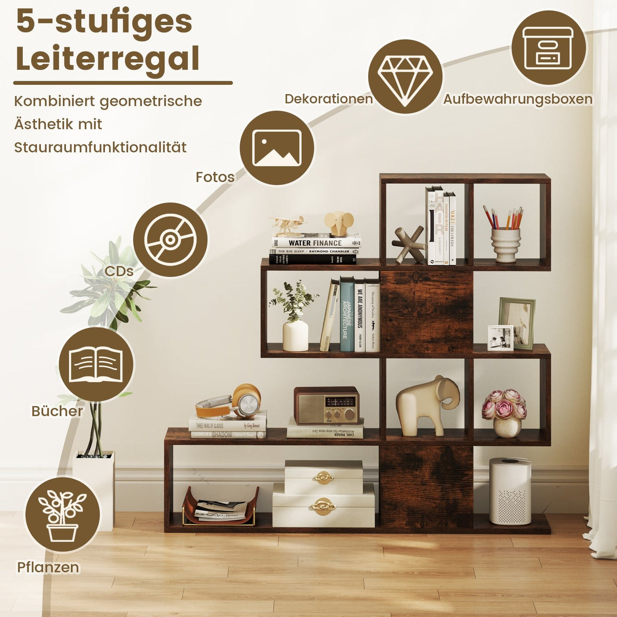 5-Tier Wooden Ladder Bookshelf, 120x19.5x109 cm, Brown