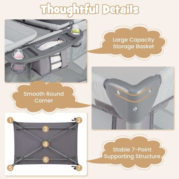 5-in-1 Baby Travel Cot Playpen with Changing Table, Grey