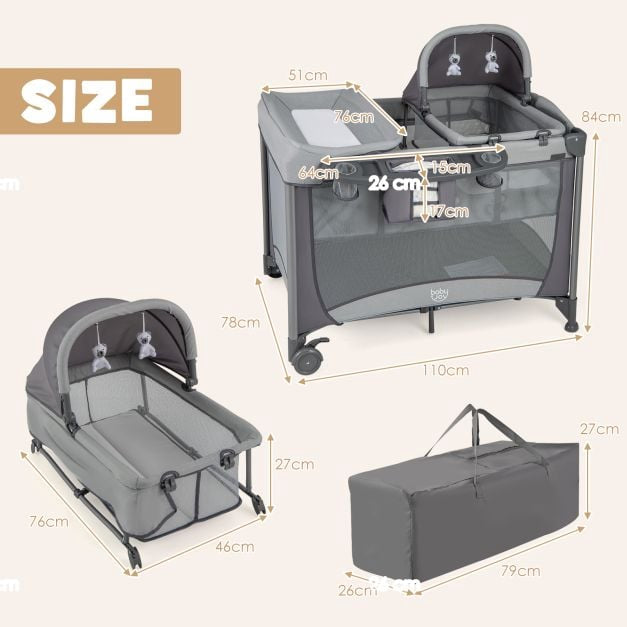 5-in-1 Baby Travel Cot Playpen with Changing Table, Grey