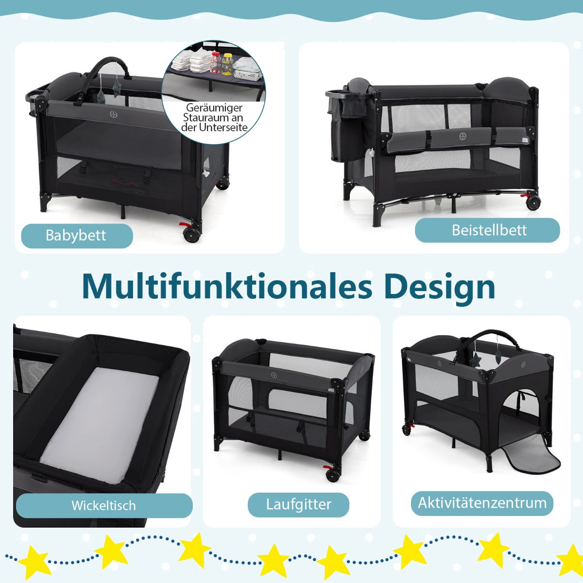5-in-1 Baby Travel Cot with Mattress and Changing Table