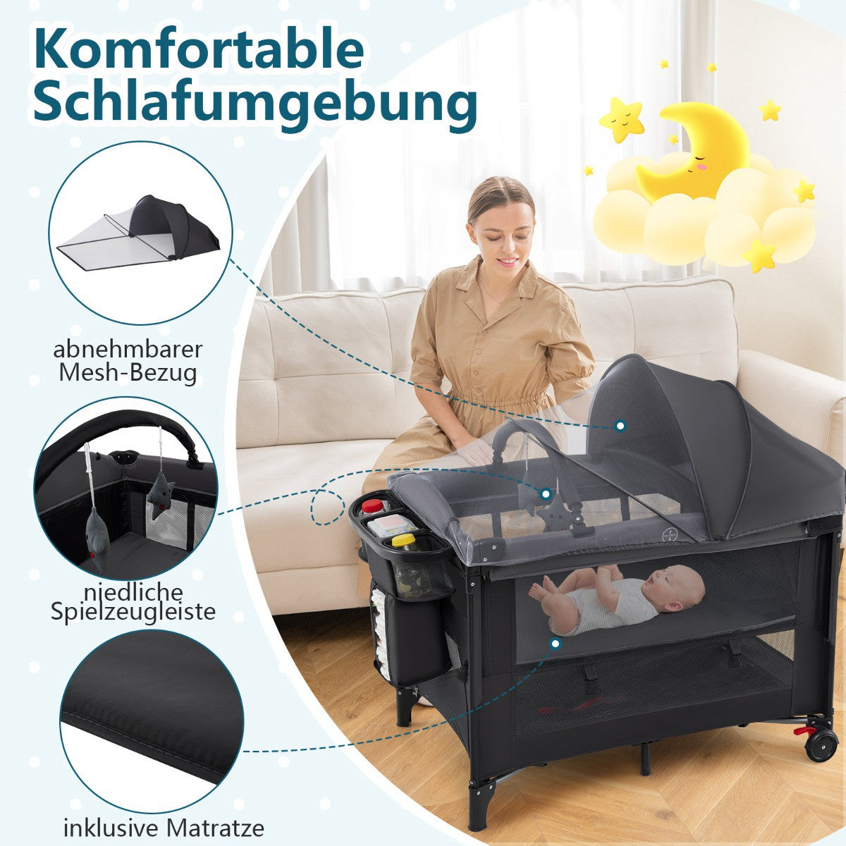 5-in-1 Baby Travel Cot with Mattress and Changing Table
