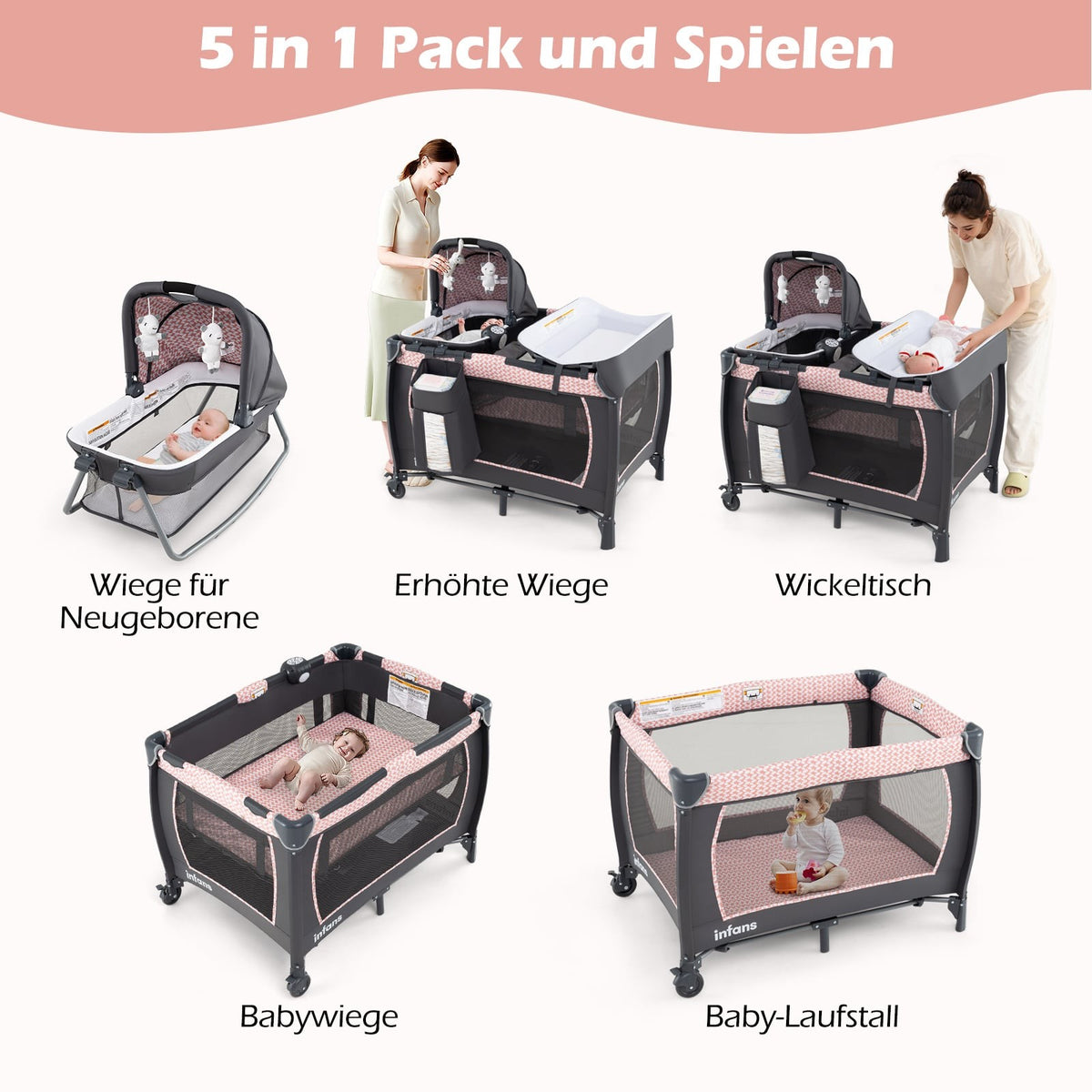 5-in-1 Baby Travel Crib with Changing Table & Bassinet
