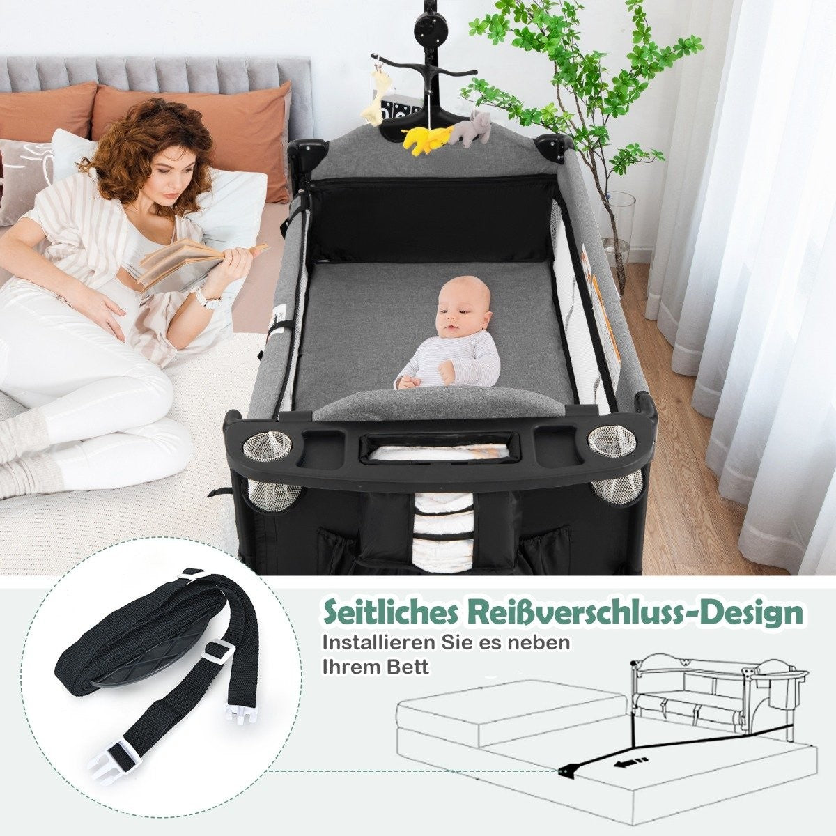 5-in-1 Convertible Baby Bed with Changing Table & Storage Bag Black