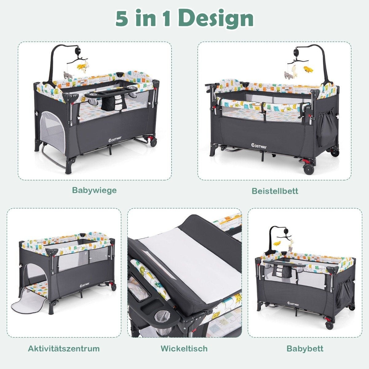 5-in-1 Convertible Baby Bed with Changing Table & Storage Bag Gray