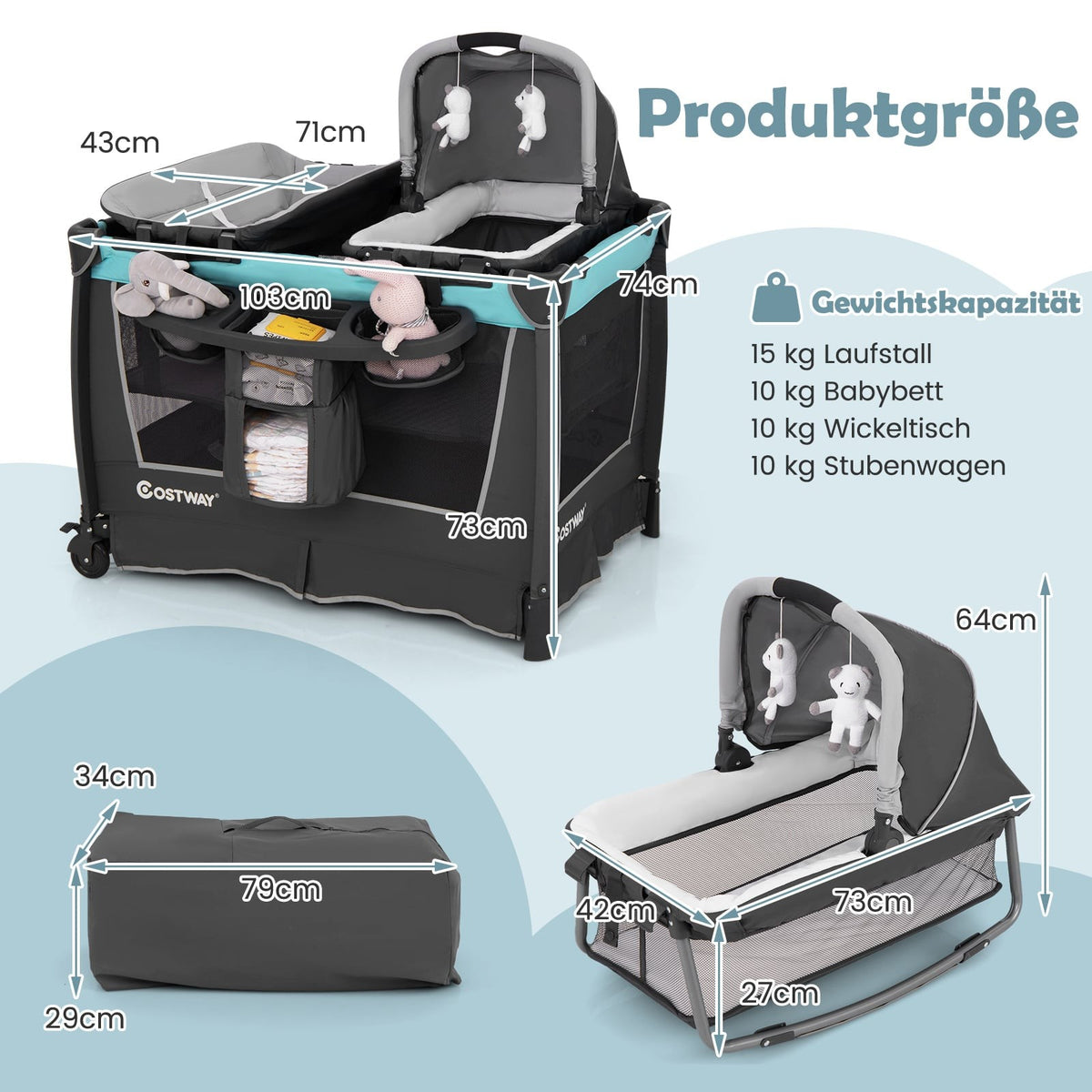 5-in-1 Foldable Baby Crib with Bassinet & Changing Pad