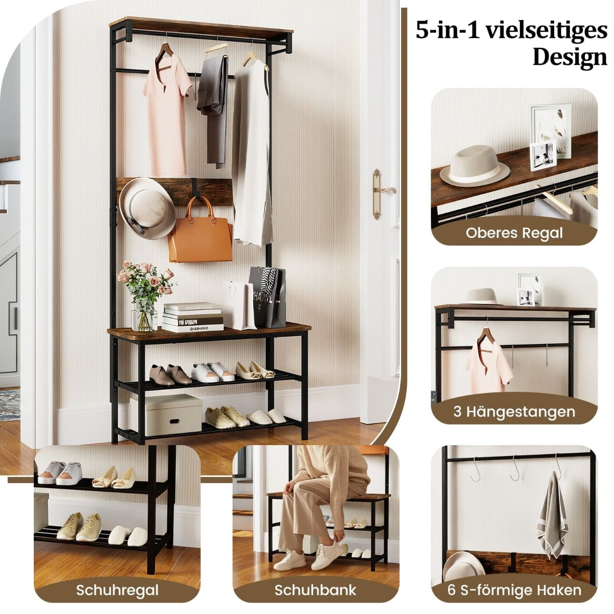 5-in-1 Hallway Organizer with Bench & Shoe Storage