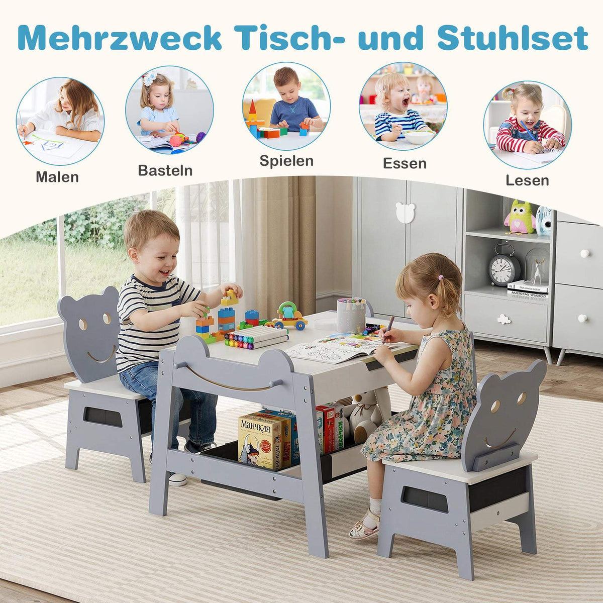 5-in-1 Kids Activity Table Set with Storage, Gray