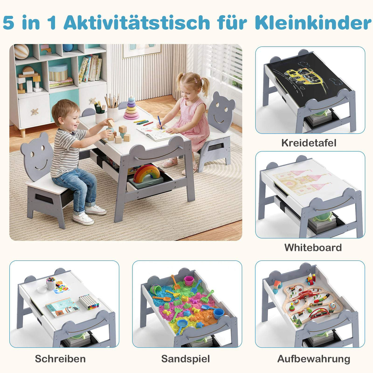 5-in-1 Kids Activity Table Set with Storage, Gray