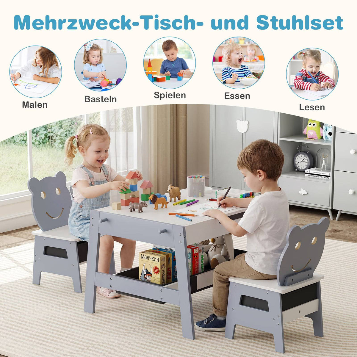 5-in-1 Kids Table Set with Chairs, Chalkboard & Storage