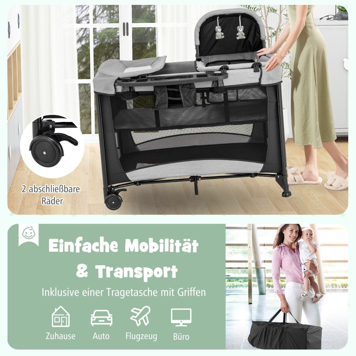 5 in 1 Portable Baby Bed with Travel Cot & Cradle & Playpen & Changing Table Black + Gray