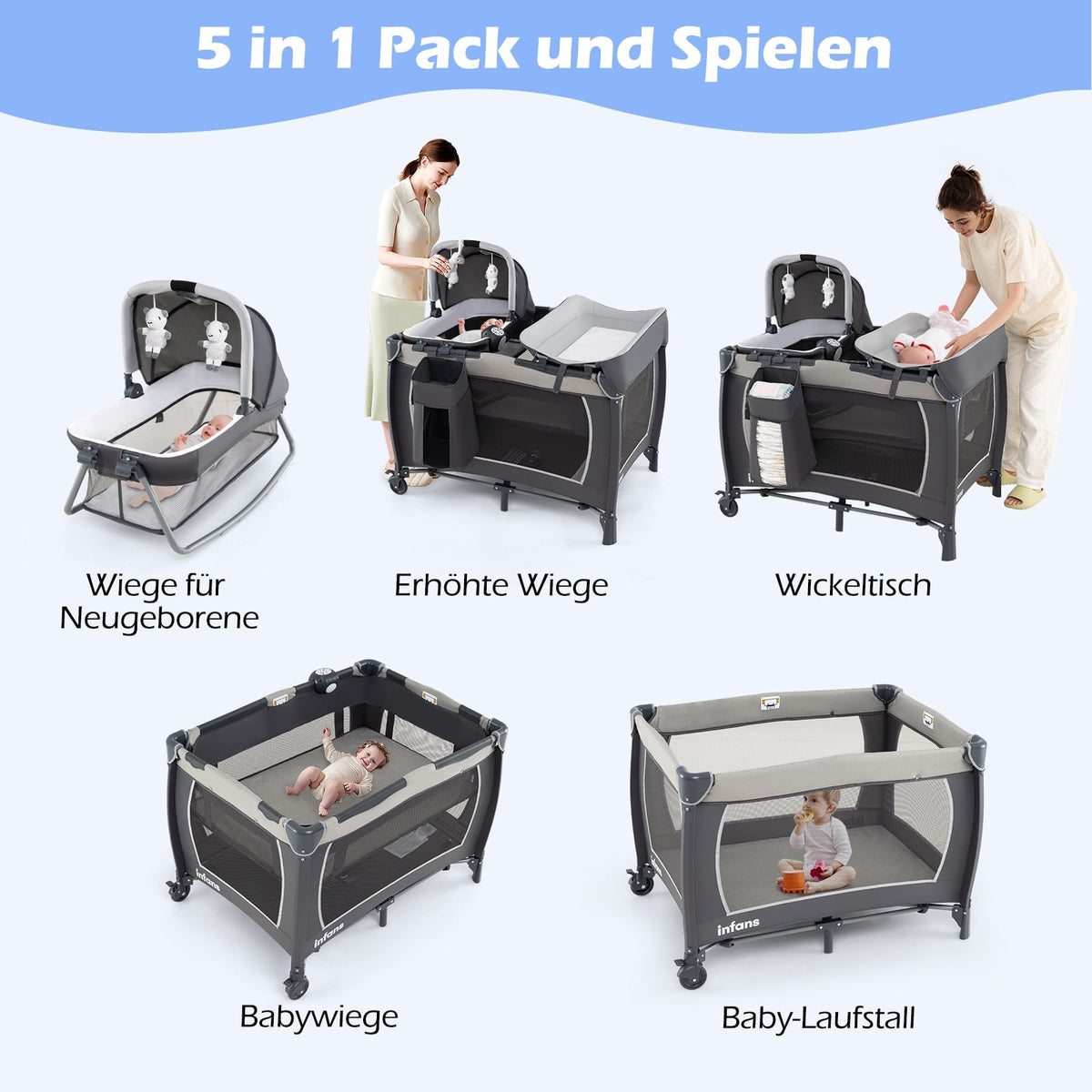 5-in-1 Portable Baby Crib with Changing Table & Bassinet