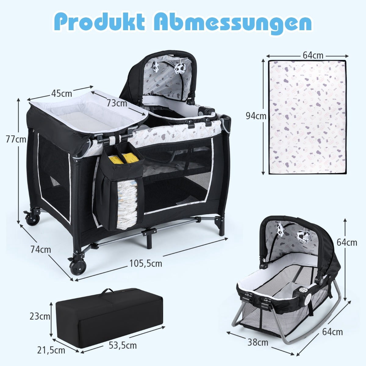 5-in-1 Portable Baby Crib with Changing Table & Toys