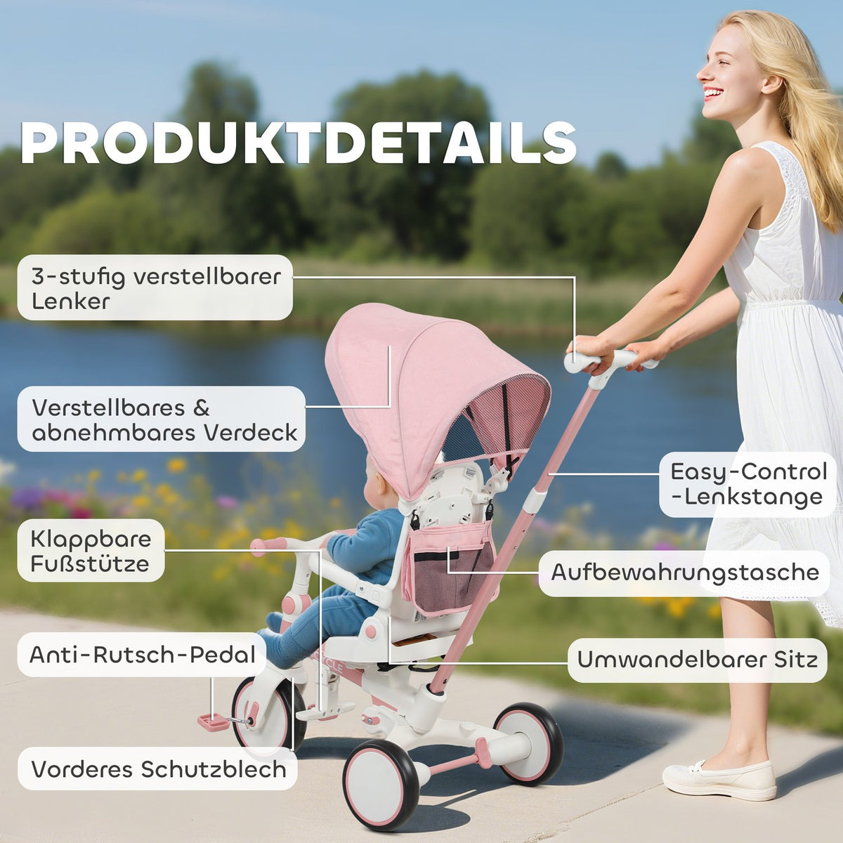 5-in-1 Toddler Tricycle, Adjustable, Pink, Ages 1-3