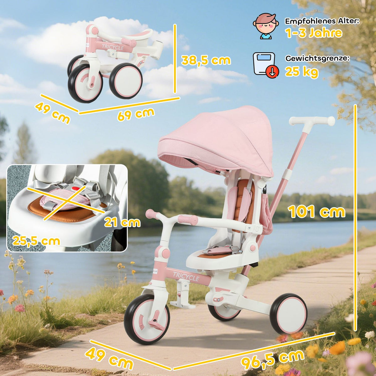 5-in-1 Toddler Tricycle, Adjustable, Pink, Ages 1-3