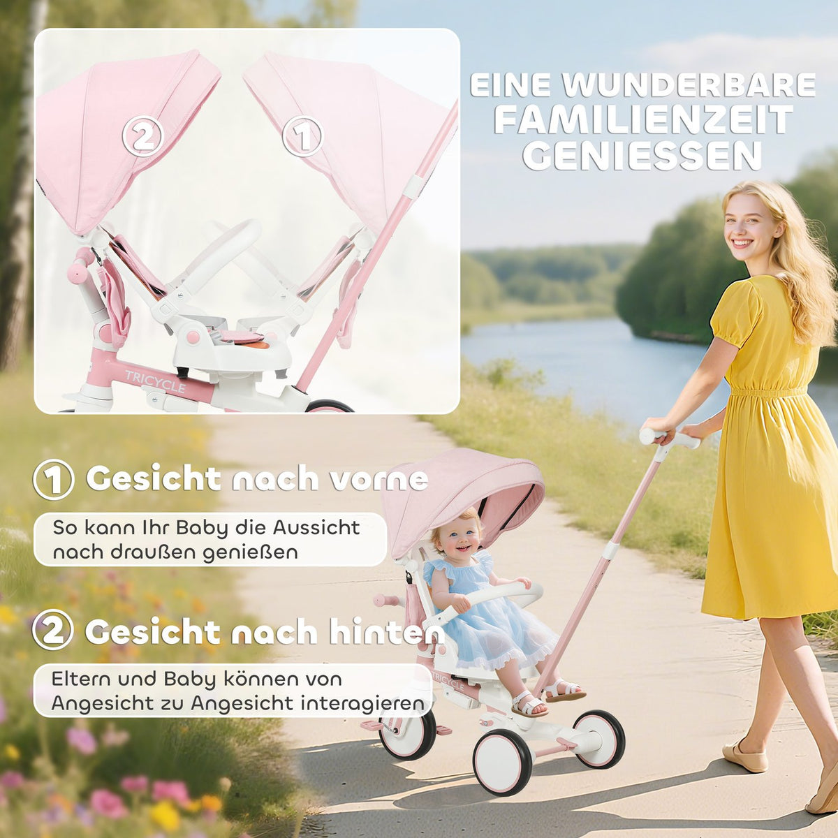 5-in-1 Toddler Tricycle, Adjustable, Pink, Ages 1-3