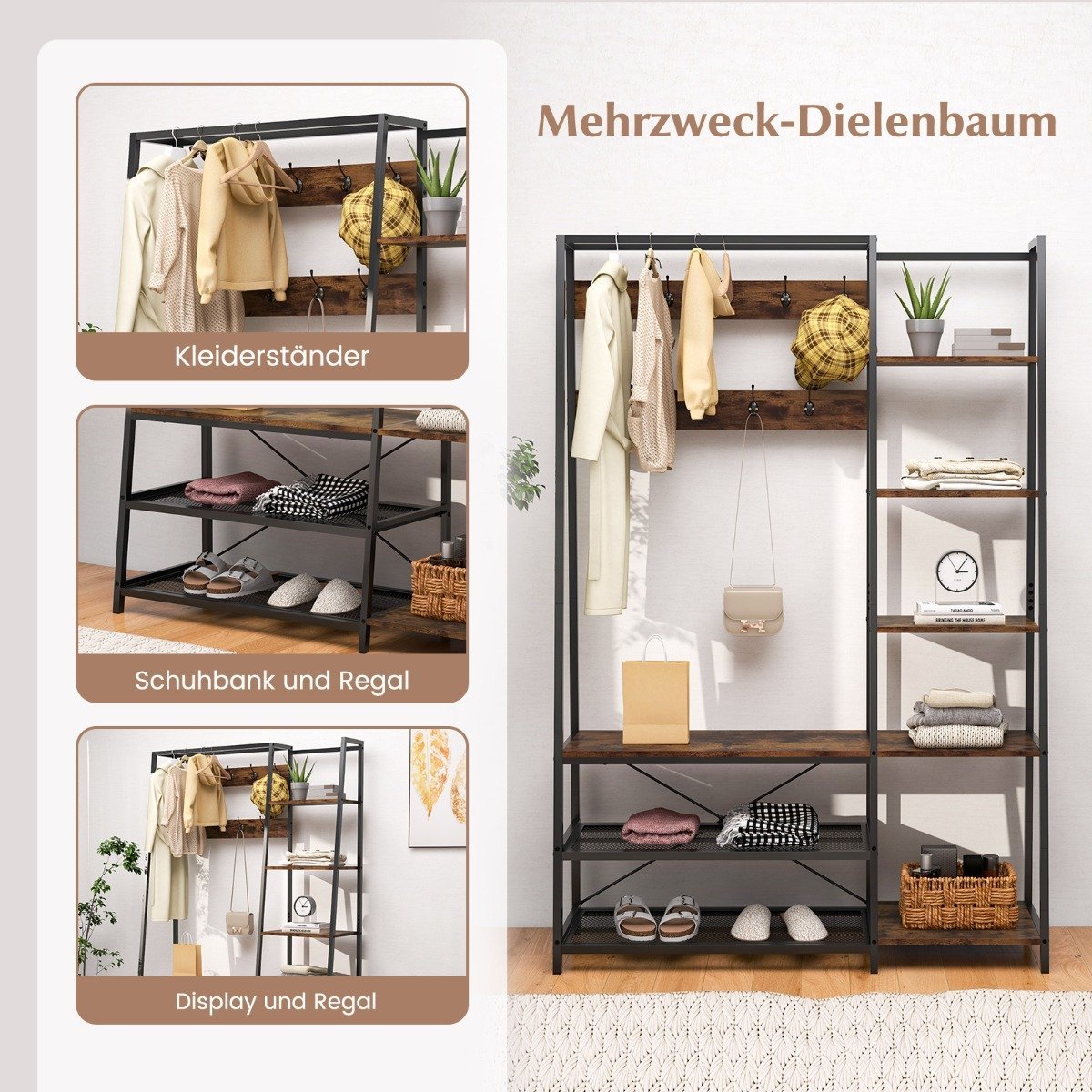5 in 1 coat stand with shoe bench & 9 hooks & 5 side shelves & 2 wire shelves