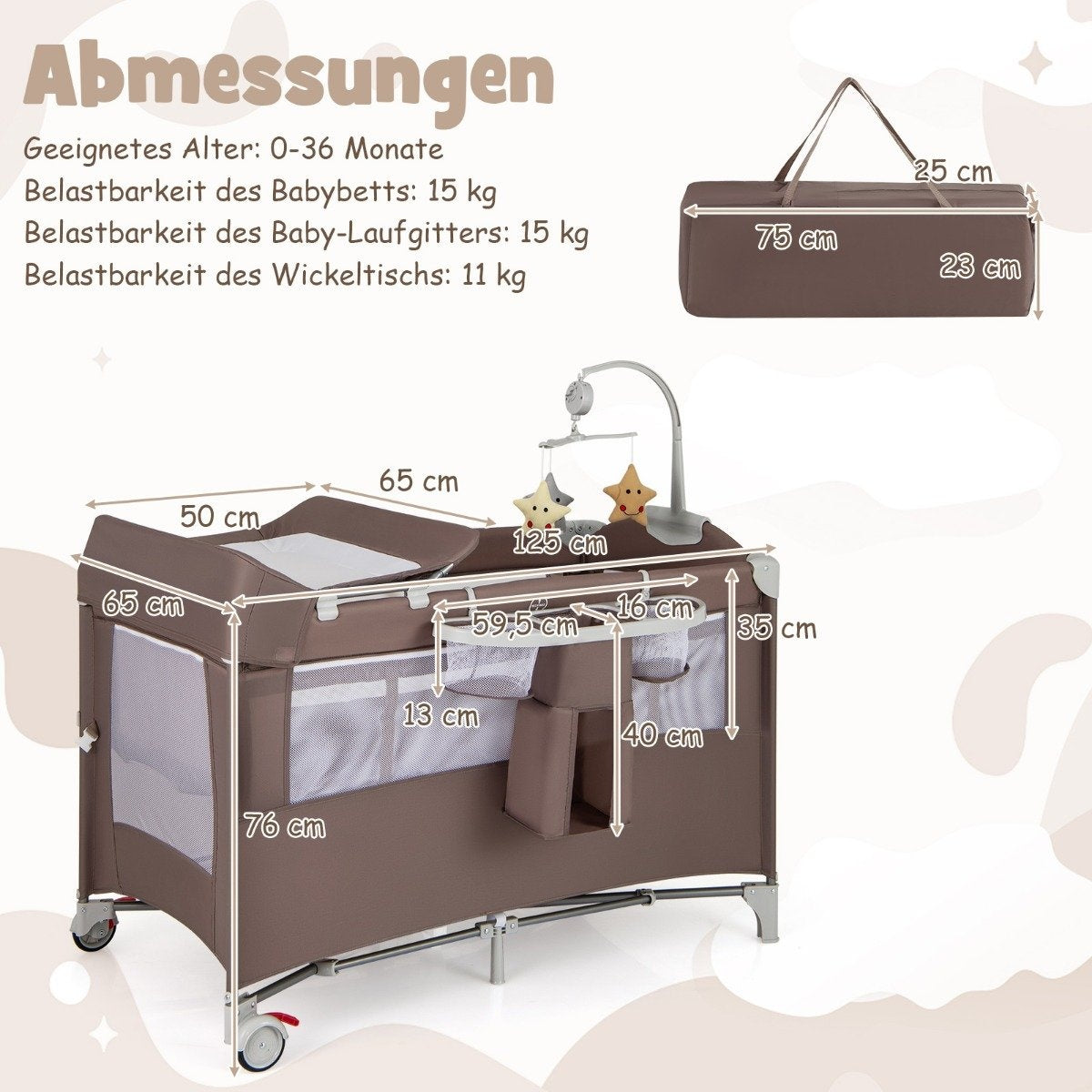 5 in 1 folding side bed travel cot with mattress 2 level baby bed with wheels brown