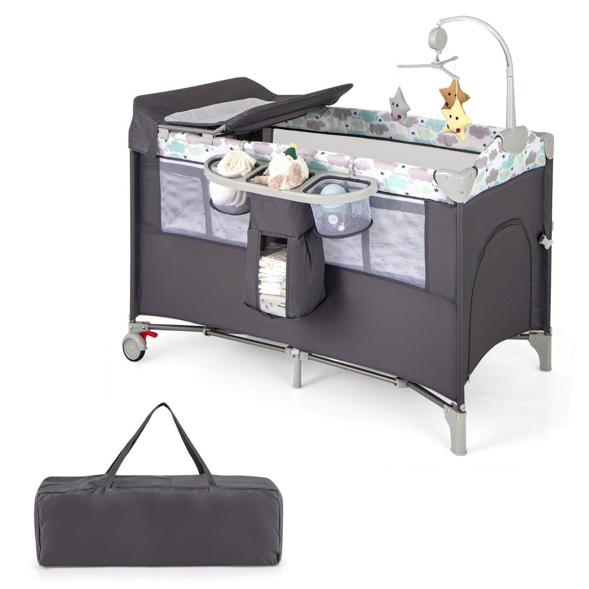 5 in 1 folding side bed travel cot with mattress 2 level baby bed with wheels grey
