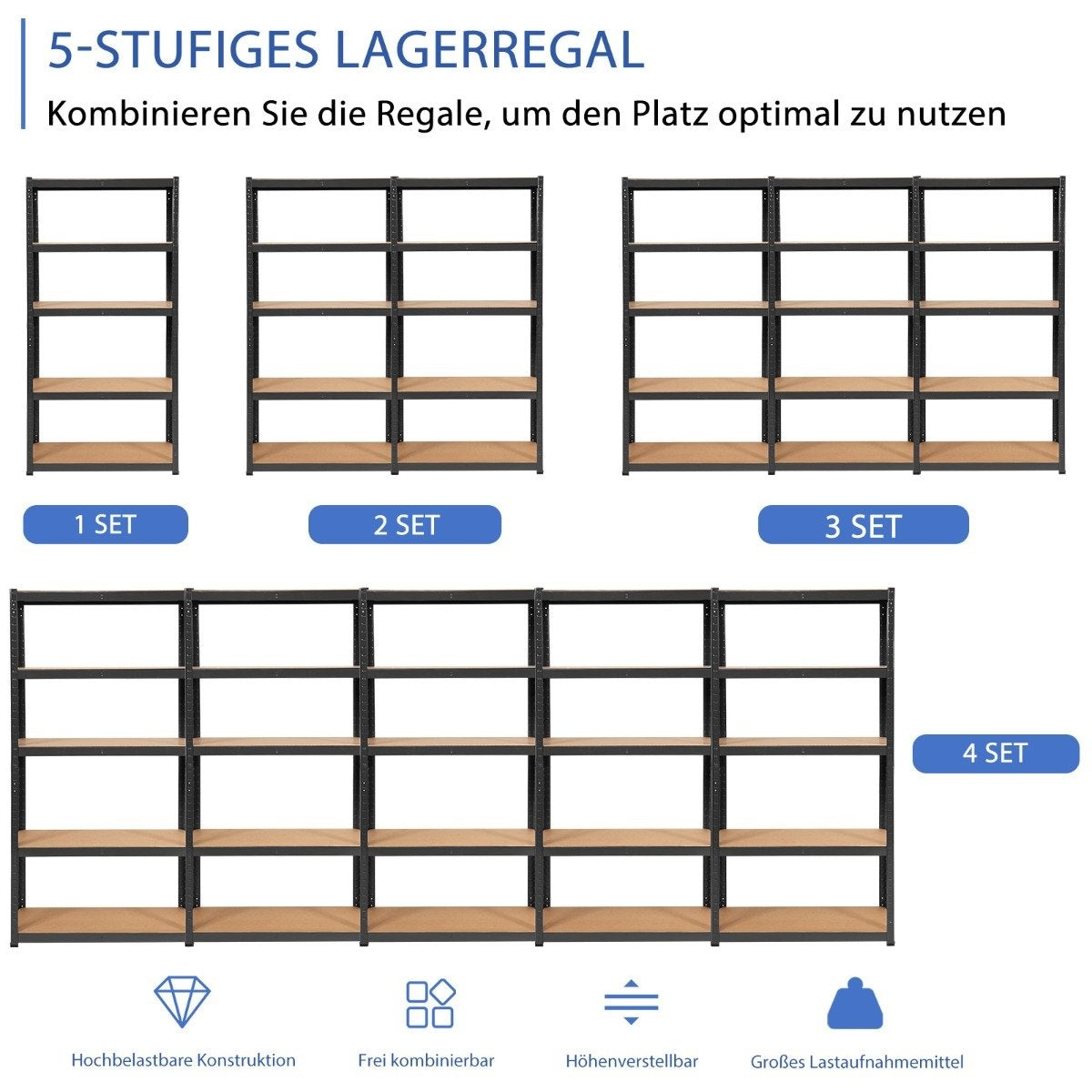 5 level storage rack with metal frame, metal rack, load capacity up to 650 kg, 75 x 30 x 150 cm, black