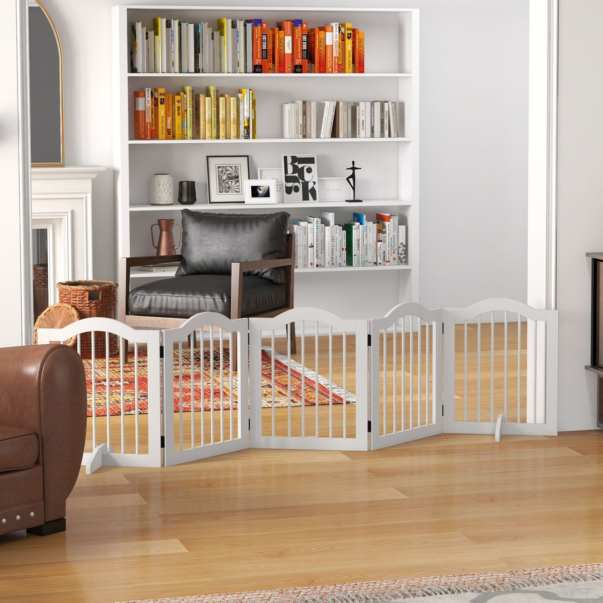 5-piece dog barrier, 254.5 x 61 cm, foldable dog gate with door, door safety gate with 2 support feet, free-standing stair gate
