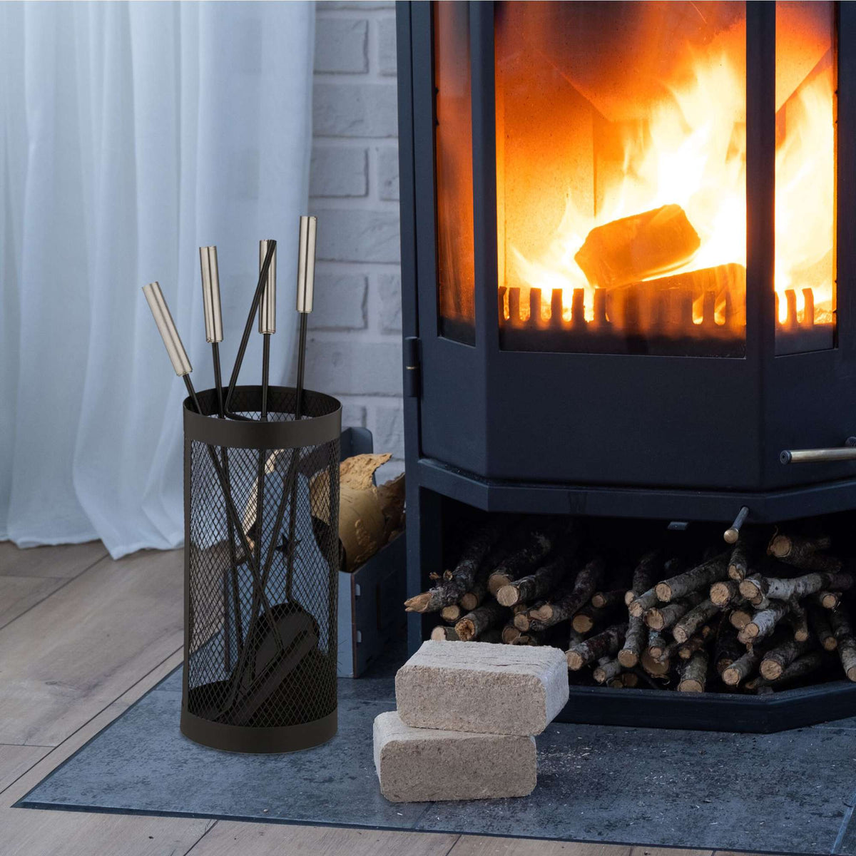 5-piece fireplace set in black bucket