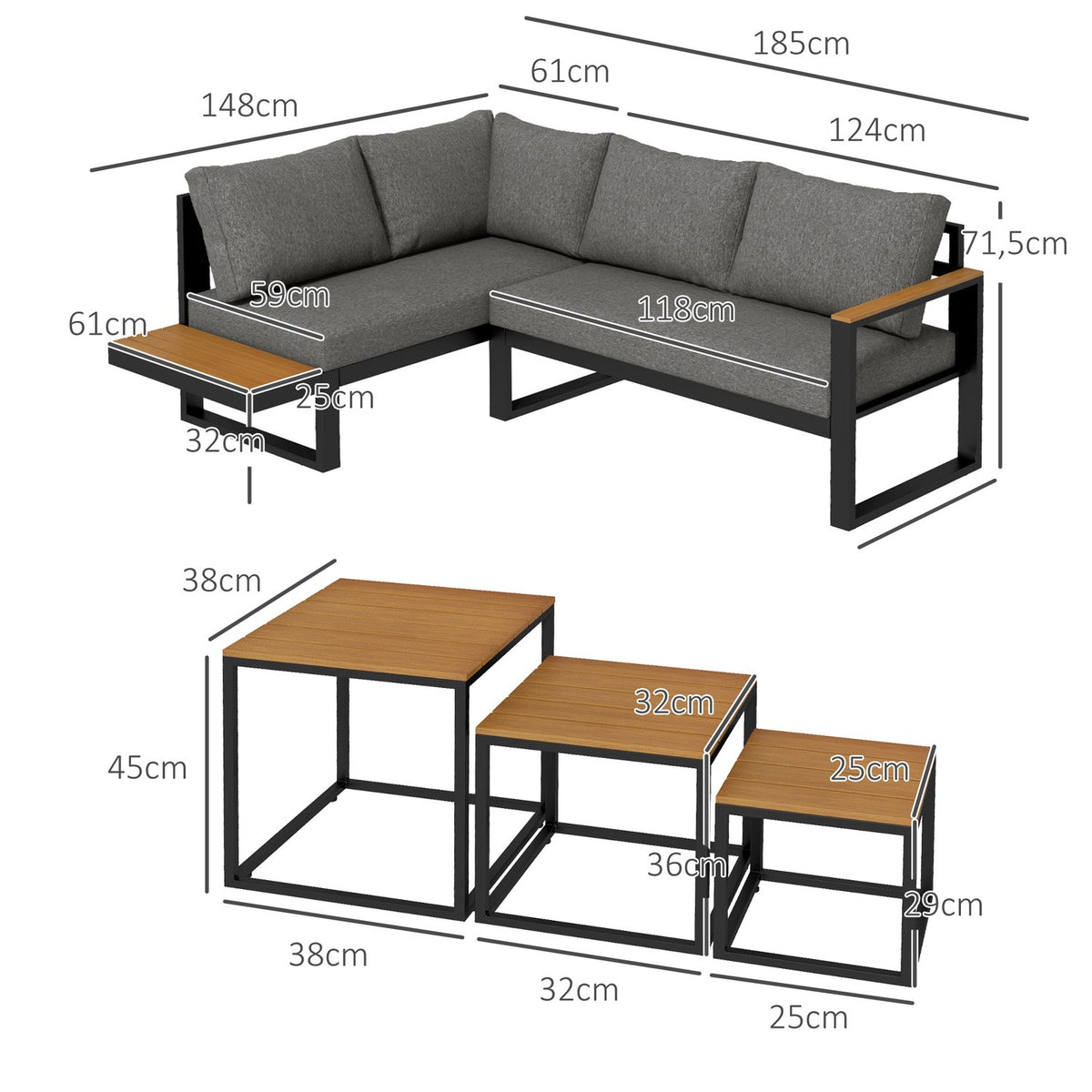 5-piece garden furniture set with corner sofa and double sofa, coffee table, balcony furniture set with seat cushion, garden lounge set, gray