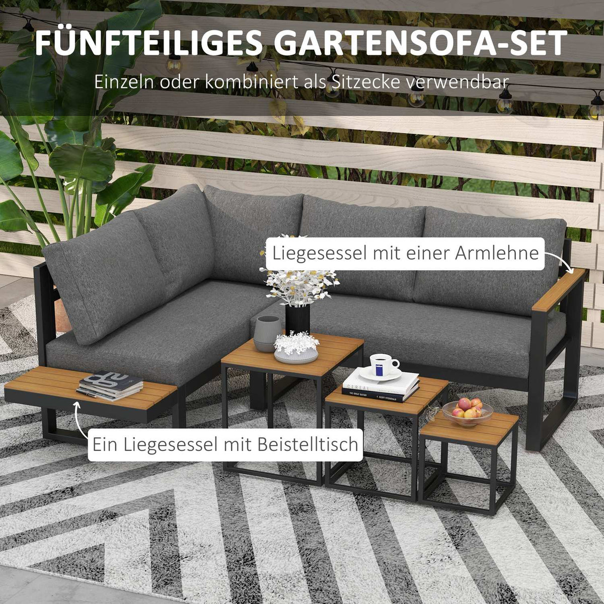 5-piece garden furniture set with corner sofa and double sofa, coffee table, balcony furniture set with seat cushion, garden lounge set, gray