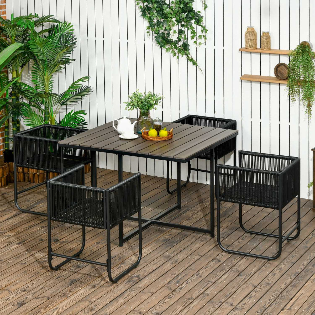 5-piece polyrattan garden furniture set, dining table with 4 chairs and side table, stylish dining group for balcony and garden