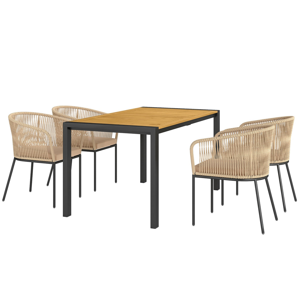 5-piece polyrattan garden furniture set for 4 people, weatherproof balcony furniture with table, 4 chairs, removable seat cushions, outdoor patio furniture lounge set for balcony, garden, natural wood + khaki |